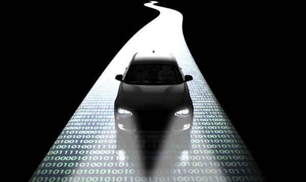 self driveing electronic computer car on road, 3d illustration