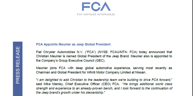 人事|菲亚特克莱斯勒任命慕克担任Jeep全球总裁