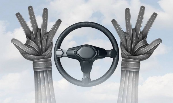 Self driving transportation and autonomous driving concept and driverless automobile symbol as a driver with hands made of roads off the steering wheel as a future intelligent transport technology as a 3D illustration.