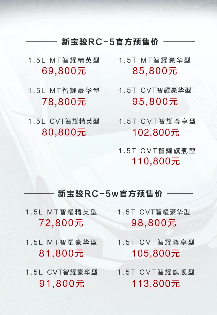 新宝骏RC-5/RC-5w开启预售 6.98万起/8月上市
