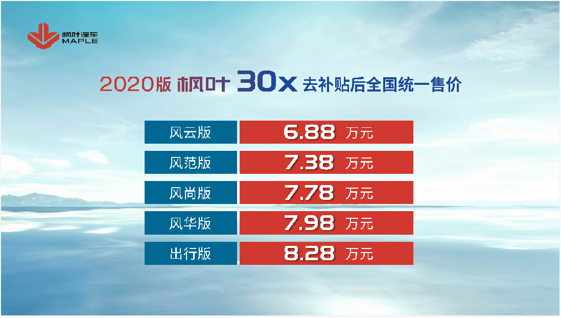 枫叶30X正式上市，去补贴后售价6.88万起